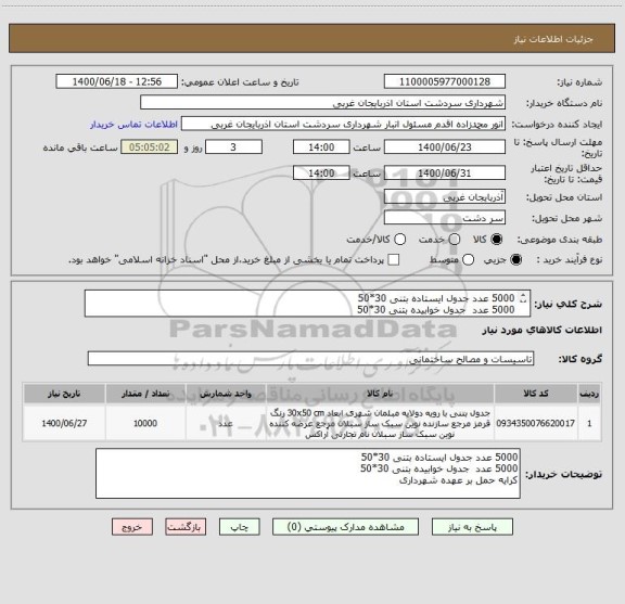 استعلام 5000 عدد جدول ایستاده بتنی 30*50 
5000 عدد  جدول خوابیده بتنی 30*50
کرایه حمل بر عهده شهرداری