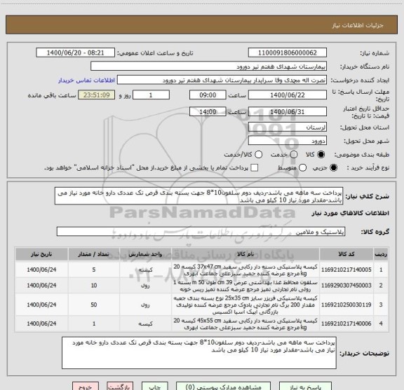 استعلام پرداخت سه ماهه می باشد-ردیف دوم سلفون10*8 جهت بسته بندی قرص تک عددی دارو خانه مورد نیاز می باشد-مقدلر مورد نیاز 10 کیلو می باشد