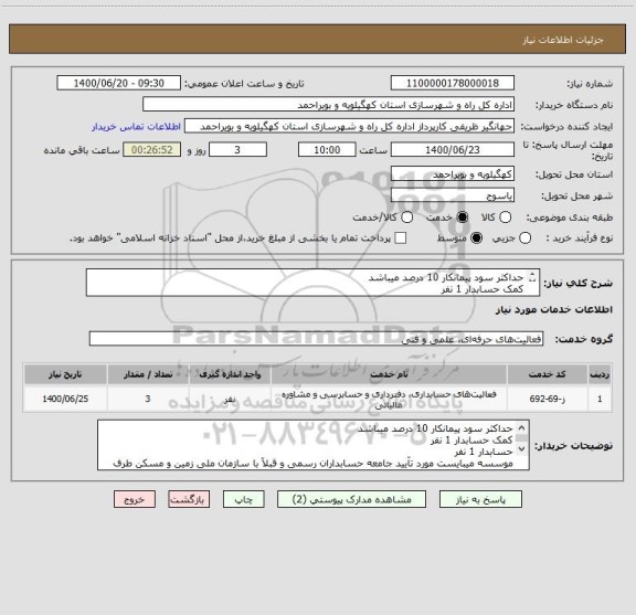 استعلام حداکثر سود پیمانکار 10 درصد میباشد
کمک حسابدار 1 نفر
حسابدار 1 نفر
