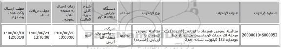 مناقصه عمومی همزمان با ارزیابی (فشرده) یک مرحله ای احداث فونداسیون بخشی از خط دومداره 132 کیلوولت تشان- جم2