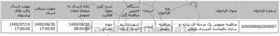 مناقصه عمومی یک مرحله ای پیاده رو سازی باقیمانده کمربندی ولیعصر 