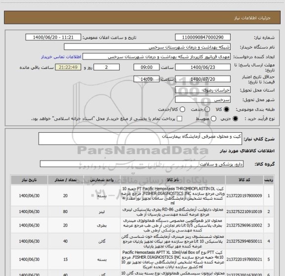استعلام کیت و محلول مصرفی آزمایشگاه بیمارستان