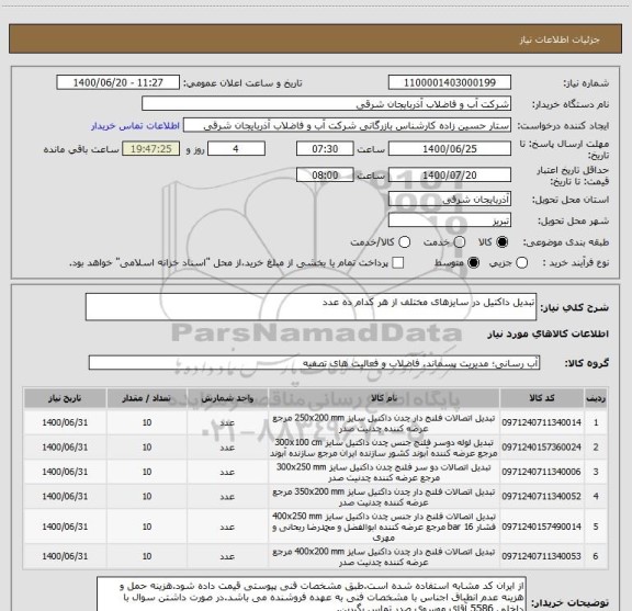 استعلام تبدیل داکتیل در سایزهای مختلف از هر کدام ده عدد