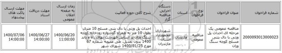 مناقصه عمومی یک مرحله ای احداث پل وزنى با دال بتنى مسلح کوچه سنگ وزان
