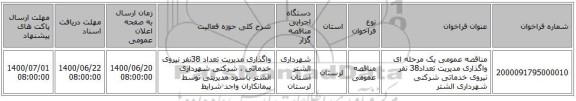 مناقصه عمومی یک مرحله ای واگذاری  مدیریت تعداد38 نفر نیروی خدماتی شرکتی شهرداری الشتر