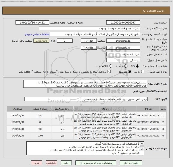 استعلام بردسکن-زیرک آباد-لوله پلی اتیلنpe100فشار10 اتمسفر در سایزهای: 110به طول1200متر-125به طول900متر-160به طول20متر و 250به طول 350متر،طبق مشخصات فنی پیوست