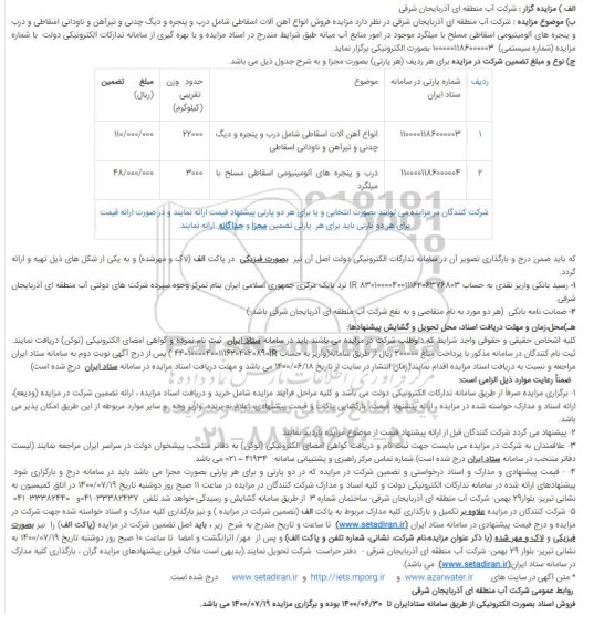 مزایده فروش انواع آهن آلات اسقاطی شامل درب و پنجره و دیگ چدنی...