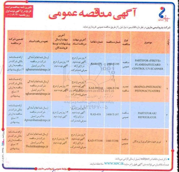 مناقصه، مناقصه PARTS FOR