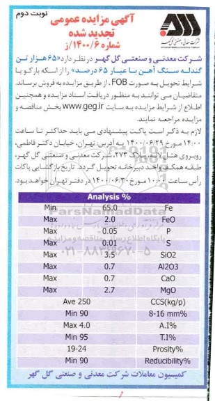 تجدید مزایده، تجدید مزایده فروش 65 هزار تن گندله سنگ آهن با عیار 65 درصد - نوبت دوم