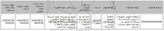 مناقصه عمومی همزمان با ارزیابی (فشرده) یک مرحله ای تعریض و بهسازی محور حیدرآباد - حسنلو