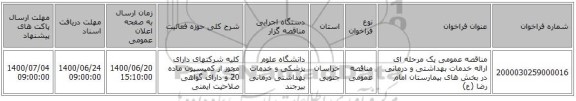 مناقصه عمومی یک مرحله ای ارائه خدمات بهداشتی و درمانی در بخش های بیمارستان امام رضا (ع) 
