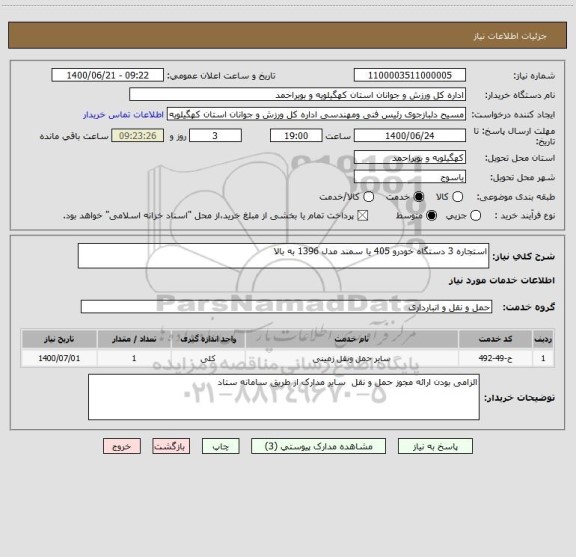 استعلام استجاره 3 دستگاه خودرو 405 یا سمند مدل 1396 به بالا