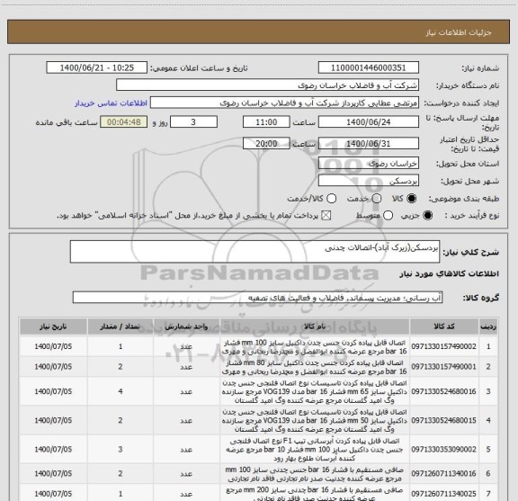 استعلام بردسکن(زیرک آباد)-اتصالات چدنی