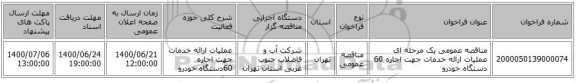مناقصه عمومی یک مرحله ای عملیات ارائه خدمات جهت اجاره 60 دستگاه خودرو 