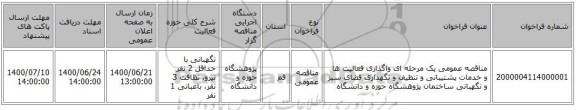 مناقصه عمومی یک مرحله ای واگذاری فعالیت ها و خدمات پشتیبانی و تنظیف و نگهداری فضای سبز و نگهبانی ساختمان پژوهشگاه حوزه و دانشگاه