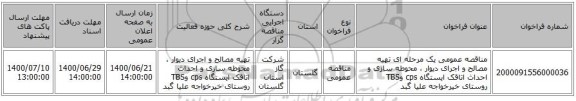 مناقصه عمومی یک مرحله ای تهیه مصالح و اجرای دیوار ، محوطه سازی و احداث اتاقک ایستگاه cps وTBS  روستای خیرخواجه علیا گبد