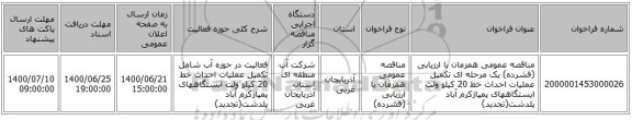مناقصه عمومی همزمان با ارزیابی (فشرده) یک مرحله ای تکمیل عملیات احداث خط 20 کیلو ولت ایستگاههای پمپاژکرم آباد پلدشت(تجدید)