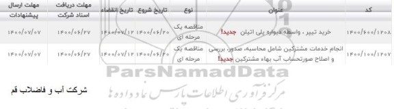 فراخوان خرید تیپر ، واسطه دیواره پلی اتیلن .....