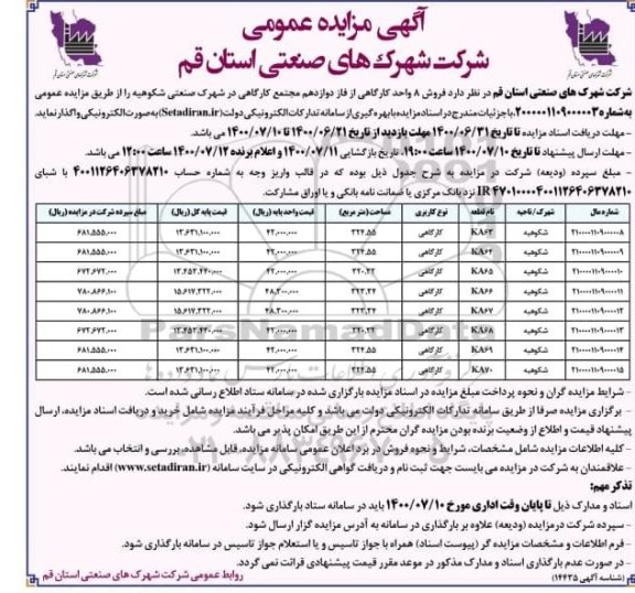 آگهی مزایده،مزایده فروش 8 واحد کارگاهی از فاز دوازدهم 