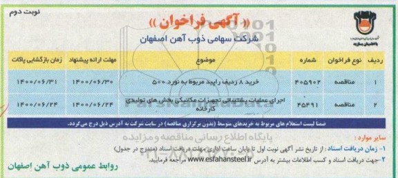 مناقصه خرید 8 ردیف راپید مربوط به نورد 500 ...