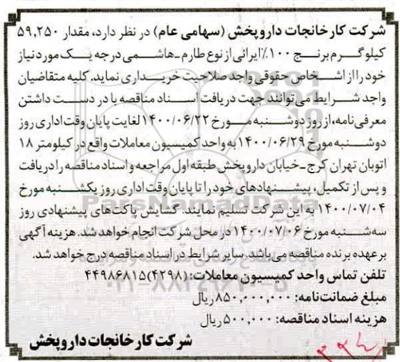 مناقصه، مناقصه خرید مقدار 59.250 کیلوگرم برنج 100% ایرانی