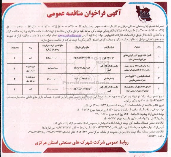 فراخوان مناقصه تکمیل شبکه توزیع آب و آبیاری فضای سبز شهرک صنعتی ...
