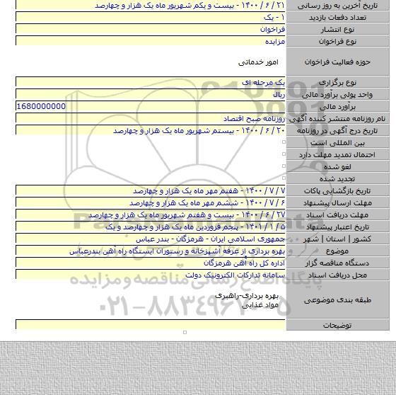 بهره برداری از غرفه  آشپزخانه و رستوران ایستگاه راه آهن بندرعباس