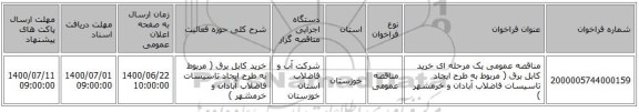 مناقصه عمومی یک مرحله ای خرید  کابل برق ( مربوط به طرح ایجاد تاسیسات فاضلاب آبادان و خرمشهر )