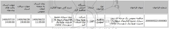 مناقصه عمومی یک مرحله ای برون سپاری تجمیع فعالیتهای مربوط به مدیریت توزیع برق شهرستان طالقان