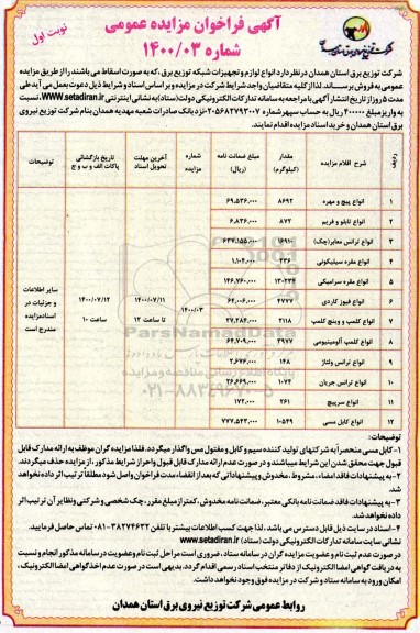 مزایده،مزایده انواع لوازم و تجهیزات شبکه توزیع برق