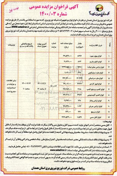 مزایده،مزایده انواع لوازم و تجهیزات شبکه توزیع برق 