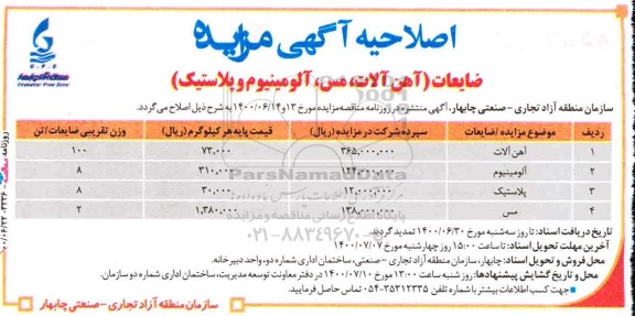 مزایده ضایعات (آهن آلات، مس، آلومینیوم و پلاستیک) اصلاحیه