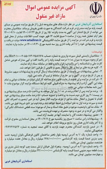 آگهی مزایده،مزایده فروش ملک های نوبت اول 