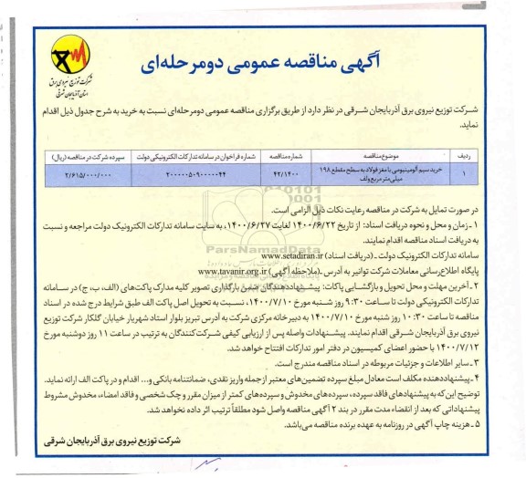 مناقصه خرید سیم آلومینیومی با مغز فولاد
