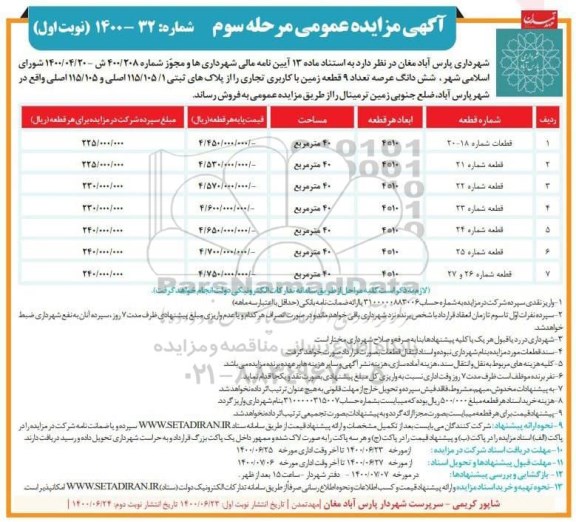 مزایده،مزایده فروش 9 قطعه زمین با کاربری تجاری مرحله سوم نوبت اول