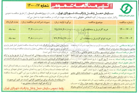 آگهی مناقصه عمومی , مناقصه خرید گاردریل و متعلقات آن 	