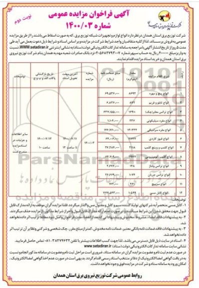 مزایده، مزایده انواع لوازم و تجهیزات شبکه توزیع برق - نوبت دوم