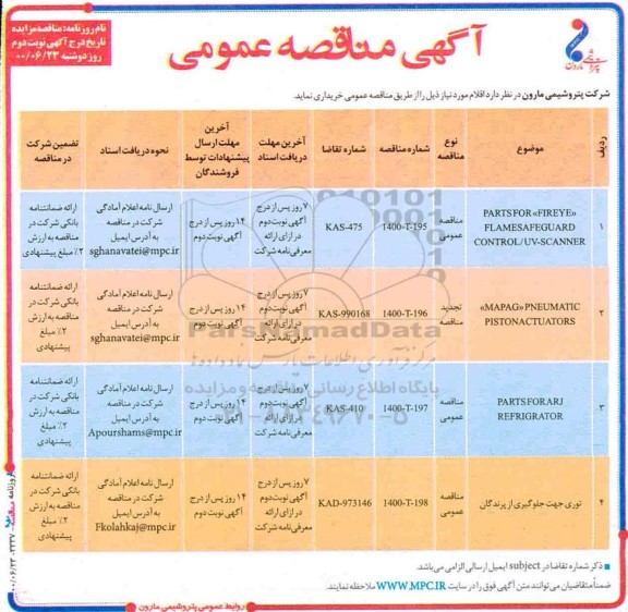 مناقصه، مناقصه PARTS FOR