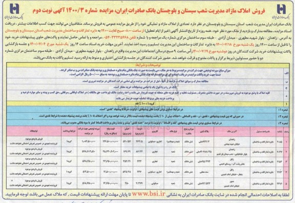 مزایده مزایده فروش املاک مازاد کاربری اداری و مسکونی تجاری نوبت دوم
