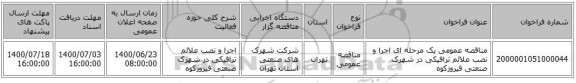 مناقصه عمومی یک مرحله ای اجرا و نصب علائم ترافیکی در شهرک صنعتی فیروزکوه