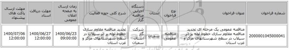 مناقصه عمومی یک مرحله ای تجدید مناقصه مقاوم سازی خطوط لوله بر اثر سیلاب در سطح شهرستانهای مرکز و غرب استان
