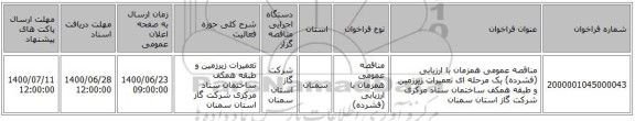 مناقصه عمومی همزمان با ارزیابی (فشرده) یک مرحله ای تعمیرات زیرزمین و طبقه همکف ساختمان ستاد مرکزی  شرکت گاز استان سمنان  