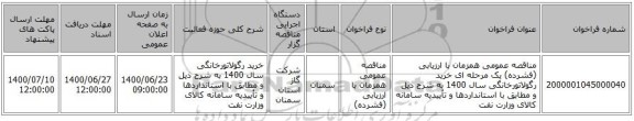 مناقصه عمومی همزمان با ارزیابی (فشرده) یک مرحله ای خرید رگولاتورخانگی سال 1400  به شرح ذیل و مطابق با استانداردها و تأییدیه سامانه کالای وزارت نفت 