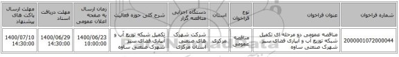مناقصه عمومی دو مرحله ای تکمیل شبکه توزیع آب و آبیاری فضای سبز شهرک صنعتی ساوه