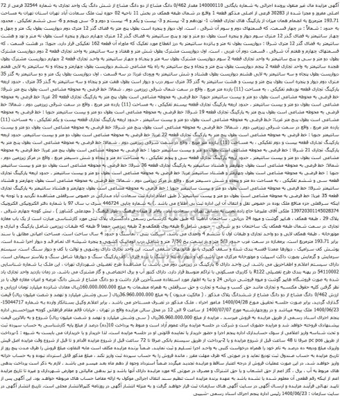 آگهی مزایده دو دانگ مشاع از شش دانگ یک واحد تجاری به شماره 32544 فرعی از 72 اصلی 