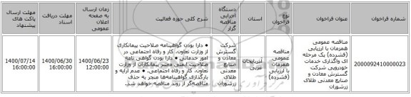 مناقصه عمومی همزمان با ارزیابی (فشرده) یک مرحله ای واگذاری خدمات خودرویی  شرکت گسترش معادن و صنایع معدنی طلای زرشوران