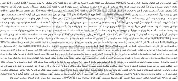 آگهی مزایده ششدانگ یک قطعه زمین به مساحت 160 مترمربع قطعه 299 تفکیکی به پلاک شماره 12687