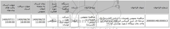 مناقصه عمومی همزمان با ارزیابی (فشرده) یک مرحله ای خرید گیربکس فن های برج خنک کن واحد بخار نیروگاه شهید بهشتی لوشان