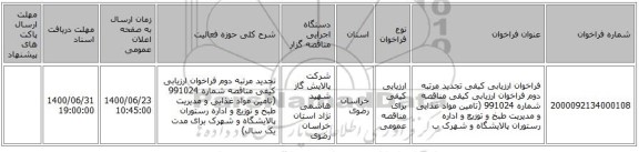 فراخوان ارزیابی کیفی تجدید مرتبه دوم فراخوان ارزیابی کیفی مناقصه شماره 991024 (تامین مواد غذایی و مدیریت طبخ و توزیع و اداره رستوران پالایشگاه و شهرک ب