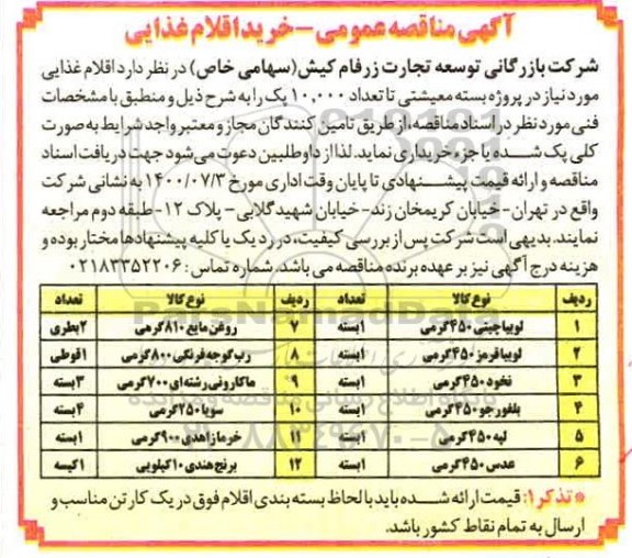 مناقصه خرید اقلام غذایی